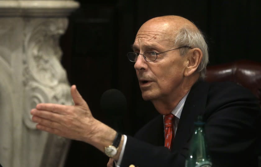 United States Supreme Court Justice Stephen Breyer speaks to an audience at the French Cultural Center, Monday, Feb. 13, 2017, in Boston, during a forum called From the Bench to the Sketchbook. (AP Photo/Steven Senne)