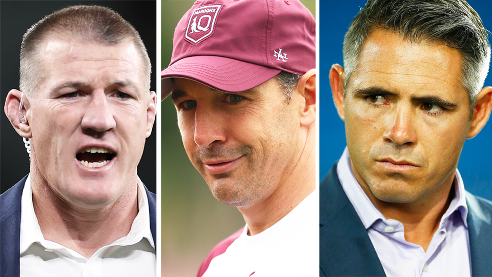 Coach Billy Slater (pictured middle) has been singled out by great Corey Parker (pictured right) and Paul Gallen (pictured left) after the surprise admission of Selwyn Cobbo from the Maroons squad. (Getty Images)