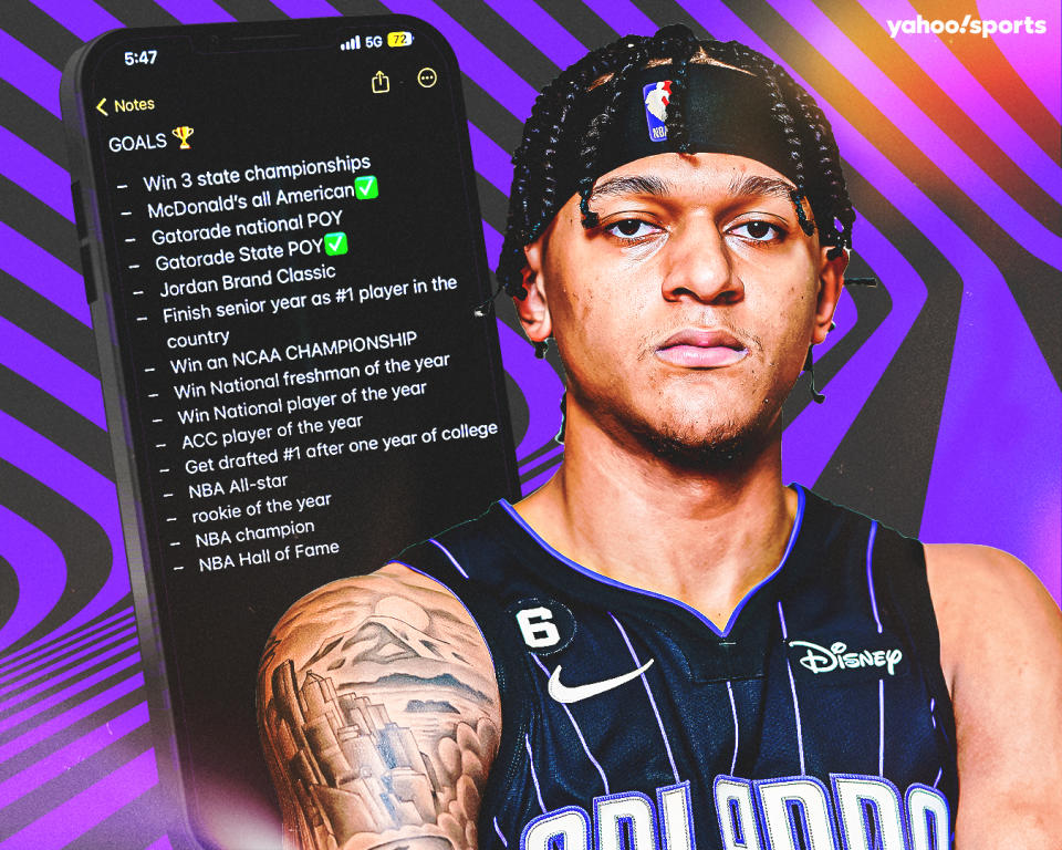 Orlando Magic rookie Paolo Banchero&#39;s list of goals is saved on his iPhone that he references frequently. (Graphic by Erick Parra Monroy/Yahoo Sports)