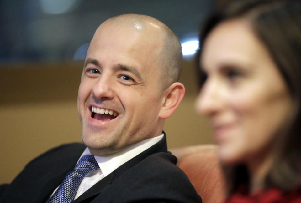 FILE - Independent presidential candidate Evan McMullin and his running mate Mindy Finn watch results come in during a election night watch party, on Nov. 8, 2016, in Salt Lake City. Utah Democrats pulling hard to defeat Republican Sen. Mike Lee took the unusual step Saturday, April 23, 2022, of spurning a party hopeful to instead get behind McMullin, an independent and former presidential candidate. Democrats were swayed by calls from prominent members who said McMullin, a conservative who captured a significant share of the vote in Utah in 2016, was the best chance to beat Lee in the deeply conservative state that hasn't elected a Democratic U.S. senator for more than 50 years. (AP Photo/Rick Bowmer, File)