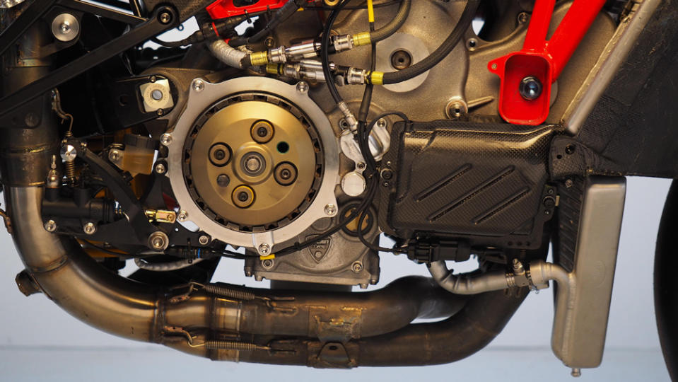 A close-up of the 2003 Ducati GP3 race bike's 990 cc, 90-degree V-4 motor. 