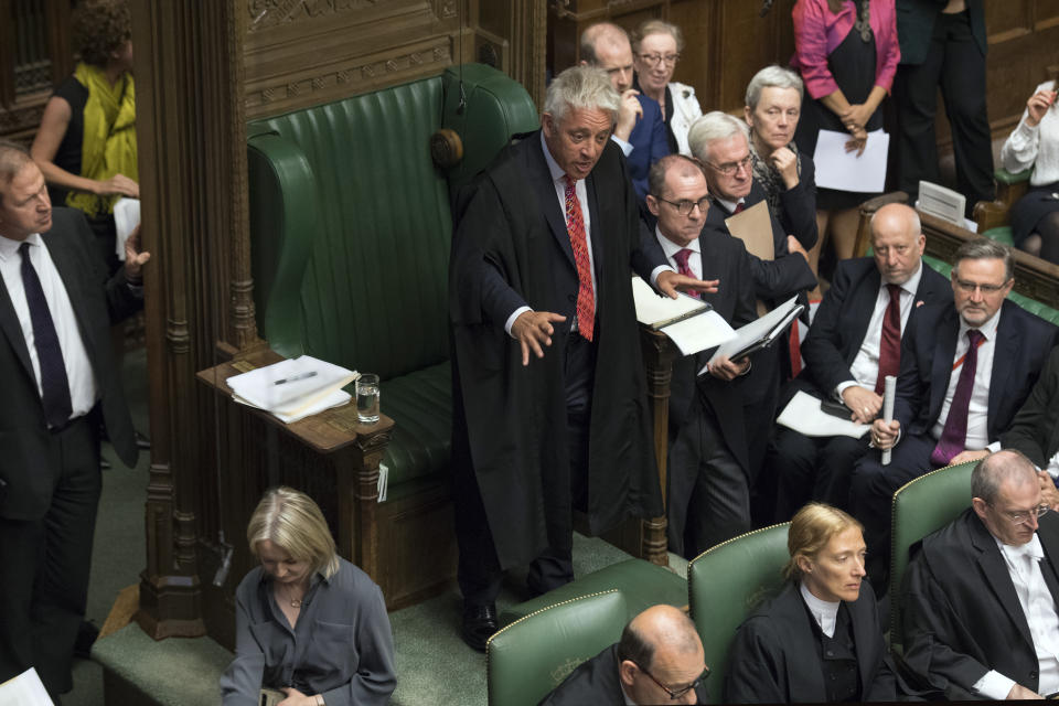 In this handout photo provided by the House of Commons, Speaker of the House John Bercow gestures during Boris Johnson's first Prime Minister's Questions, in the House of Commons in London, Wednesday, Sept. 4, 2019. Britain's Parliament is facing a second straight day of political turmoil as lawmakers fought Prime Minister Boris Johnson's plan to deliver Brexit in less than two months, come what may. Johnson is threatening to dissolve the House of Commons and hold a national election that he hopes might produce a less fractious crop of legislators. (Jessica Taylor/House of Commons via AP)