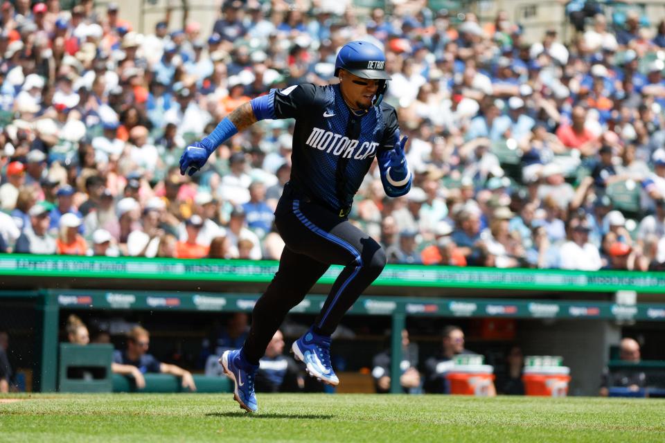 Detroit Tigers shortstop Javier Báez hits during the second inning of the game against the Toronto Blue Jays at Comerica Park in Detroit on Saturday, May 25, 2024.