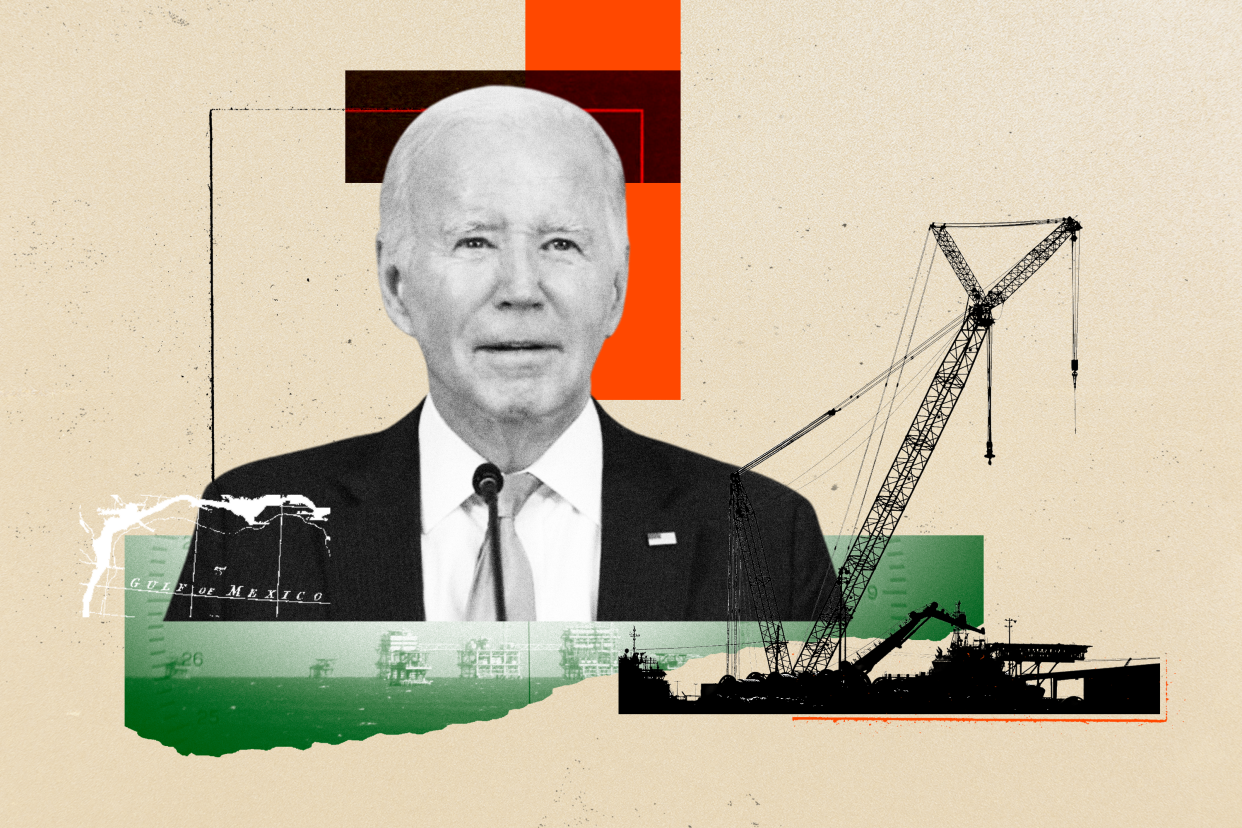Photo illustration showing President Biden and images of oil rigs.
