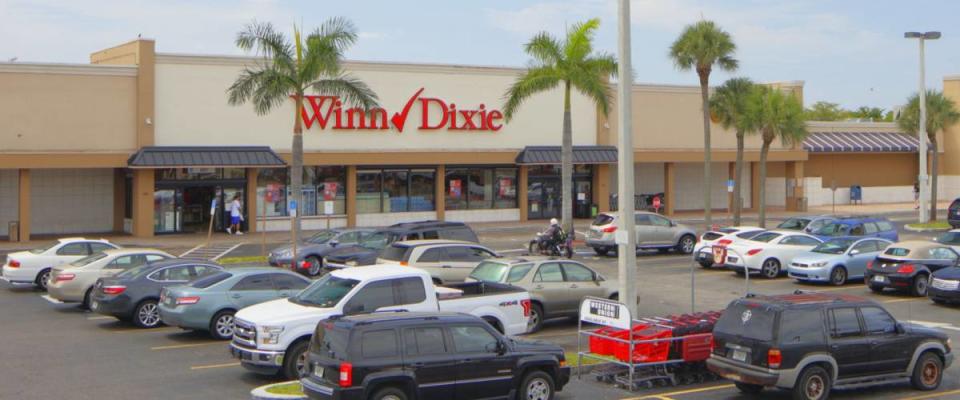 HALLANDALE - JUNE 15: RK Plaza shopping center located in Hallandale Beach with anchor tenant Winn-Dixie shot with an elevated pole June 15, 2016 in Hallandale FL, USA