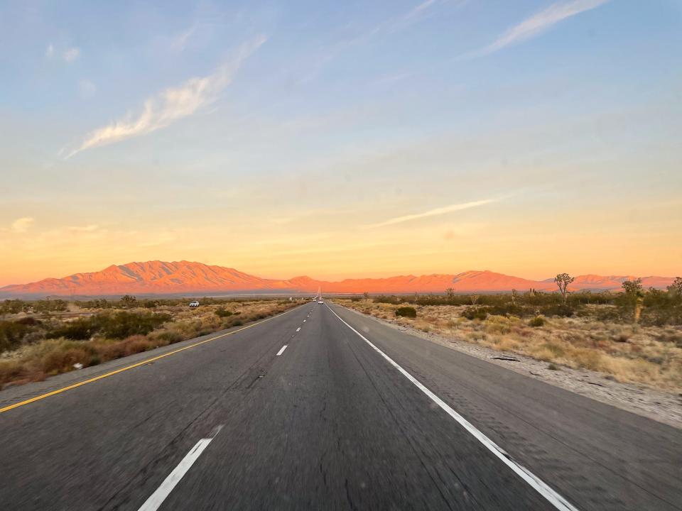 A highway at sunset.