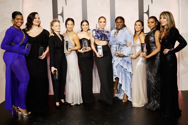 <p>Stefanie Keenan/Getty</p> (L-R) Fantasia Barrino, Lily Gladstone, Jodie Foster, Greta Lee, America Ferrera, Jennifer Lopez, Danielle Brooks, Eva Longoria, Taraji P. Henson and Elle Editor-in-Chief Nina Garcia on Dec. 5, 2023