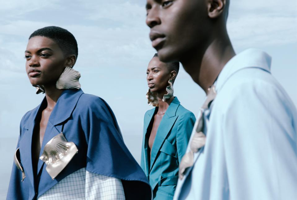 FROM FAR LEFT: Models Ashley Karah, Annah Seroalo, and Brian Sathekge, all in Thebe Magugu.