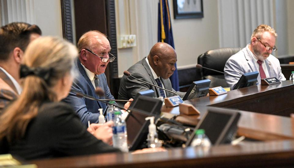 Anderson County Council, from left, John Wright, Jr., Cindy Wilson, Chairman Tommy Dunn, Glenn Davis, and Brett Sanders, during the Special Presentation Meeting with the Anderson County Council in the Historic Courthouse in Downtown Anderson, S.C. Tuesday, March 5, 2024.