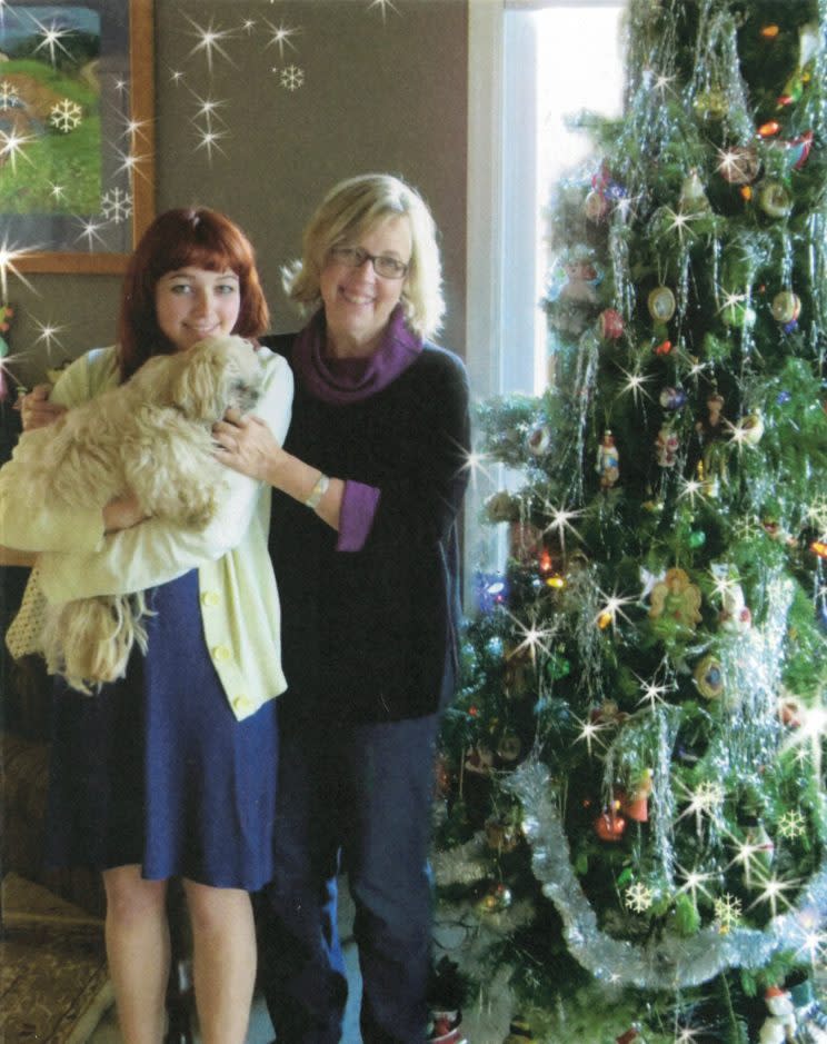 Green Party Leader Elizabeth May is pictured on the cover of her 2014 Christmas card with her daughter Cate at her home in B.C. Photo from The Canadian Press. 