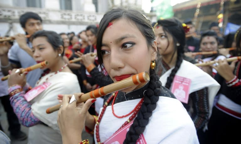 Nepalese ethnic Newar musicians participate in celebrations for the Newar New Year or 'Nepal Sambat' in Kathmandu on October 31, 2016