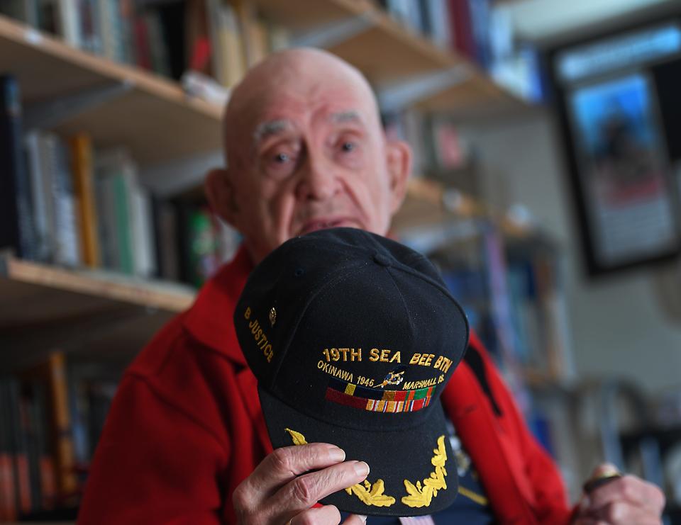Veterans at the American Legion Post 28 in Spartanburg on Nov. 5, 2022.  Robert Justice, who served in the U.S. Navy Seabees, fought in WWII. Here, he shows off his Sea Bee cap.