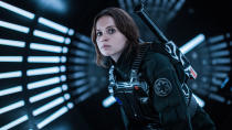 <p>Jyn dons an imperial ground crew costume in the film’s final act, but this shot that featured heavily in the marketing doesn’t actually appear in the finished film. Credit: Lucasfilm/Disney </p>