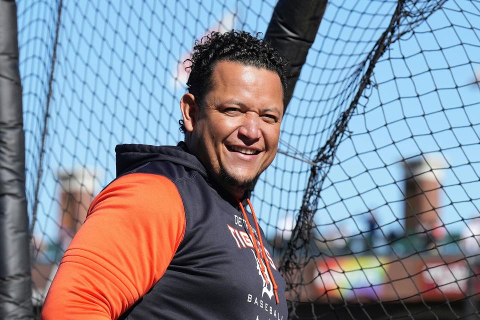 Tigers designated hitter Miguel Cabrera stands at the batting cage before a baseball game against the Giants on Tuesday, June 28, 2022, in San Francisco.