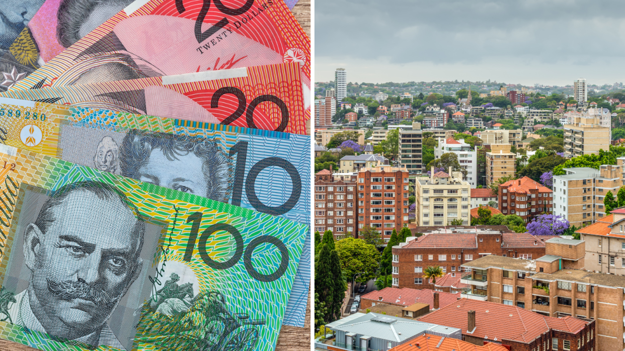 Australian currency fanned out and an aerial view of property in Sydney, mostly apartment blocks to represent rent prices.