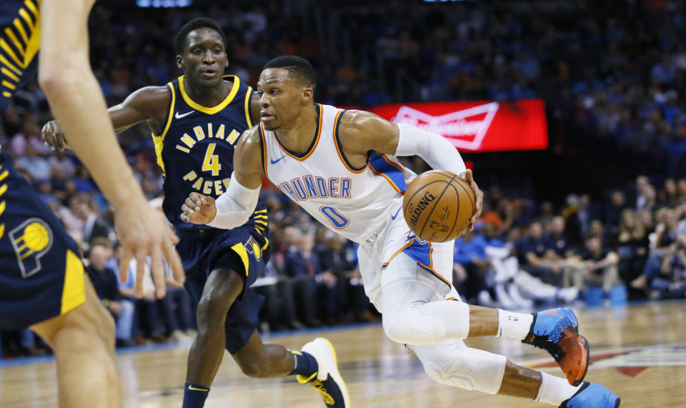 Oklahoma City Thunder guard Russell Westbrook's game packs a lot of punch. (AP Photo/Sue Ogrocki)