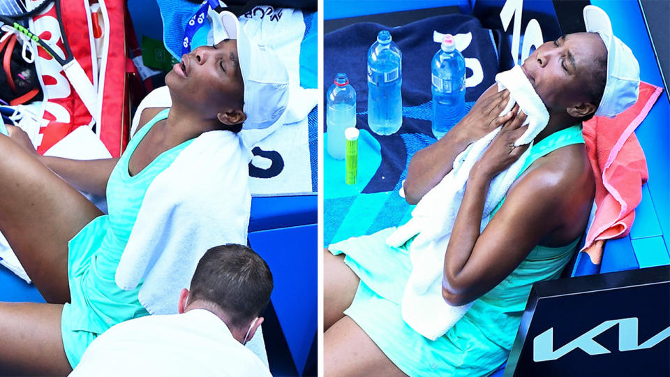 Venus Williams (pictured) in tears after rolling her ankle during her Australian Open loss.