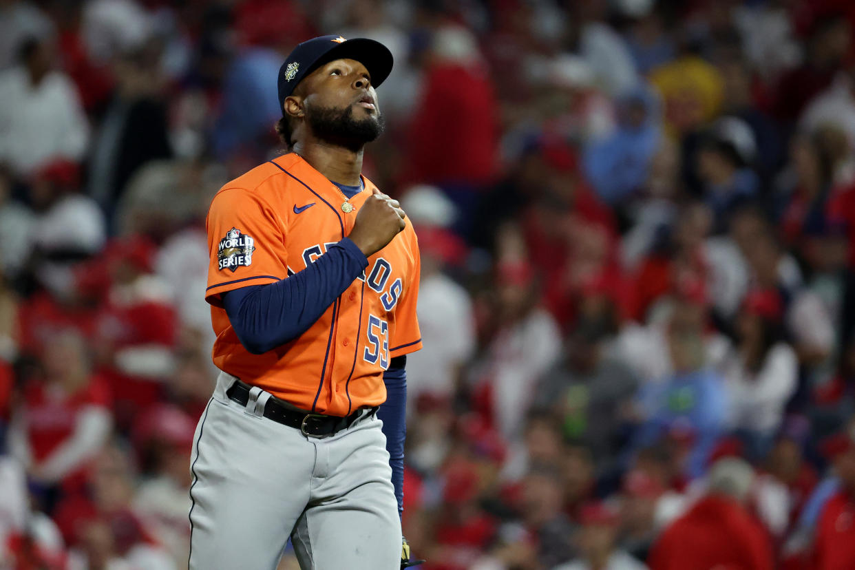 Houston Astros pitcher Cristian Javier pitched the first six innings of a historic no-hitter in Game 4 of the World Series against the Philadelphia Phillies on November 02, 2022 in Philadelphia, Pennsylvania. (Photo by Al Bello/Getty Images)