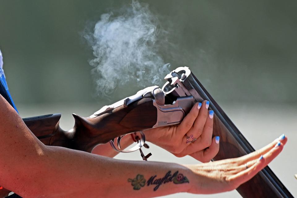 <p>San Marino's Alessandra Perilli competes in the women's trap qualification during the Tokyo 2020 Olympic Games at the Asaka Shooting Range in the Nerima district of Tokyo on July 28, 2021. (Photo by Tauseef MUSTAFA / AFP)</p> 