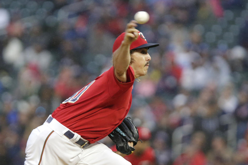 Minnesota Twins starting pitcher Joe Ryan throws to the Los Angeles Angels in the first inning of a baseball game Saturday, Sept. 24, 2022, in Minneapolis. (AP Photo/Andy Clayton-King)