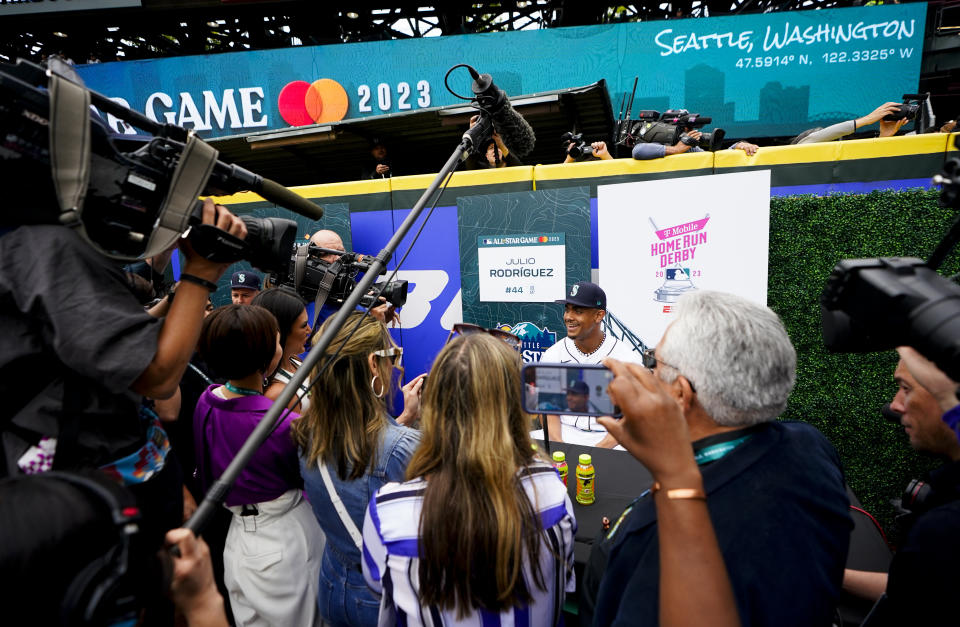 American League's Julio Rodriguez, of the Seattle Mariners, speaks during All-Star Game player availability, Monday, July 10, 2023, in Seattle. The All-Star Game will be played Tuesday, July 11. (AP Photo/Lindsey Wasson)