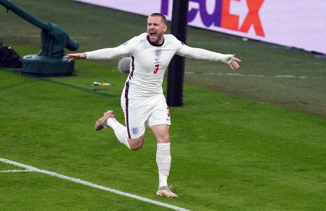 England’s Luke Shaw celebrates scoring the opening goal during the Euro 2020 final at Wembley