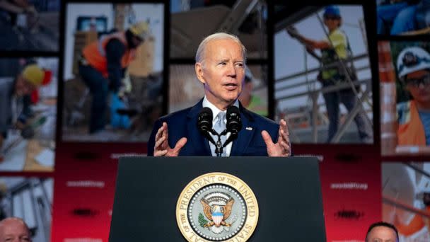 PHOTO: President Joe Biden speaks at the North America's Building Trades Union National Legislative Conference at the Washington Hilton in Washington, April 25, 2023. (Andrew Harnik/AP)