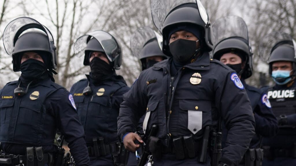 U.S. Capitol police patrol before the start of Wednesday’s inauguration of Joe Biden and Kamala Harris into the respective presidency and vice presidency in Washington, D.C. (Photo by Nathan Howard/Getty Images)