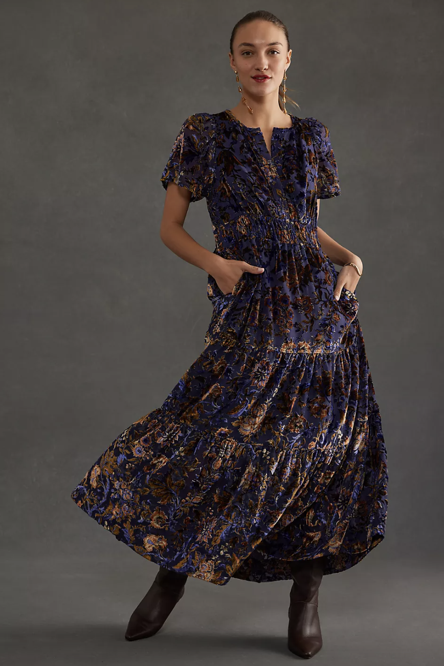 The Somerset Maxi Dress: Velvet Edition, woman in purple velvet maxi dress