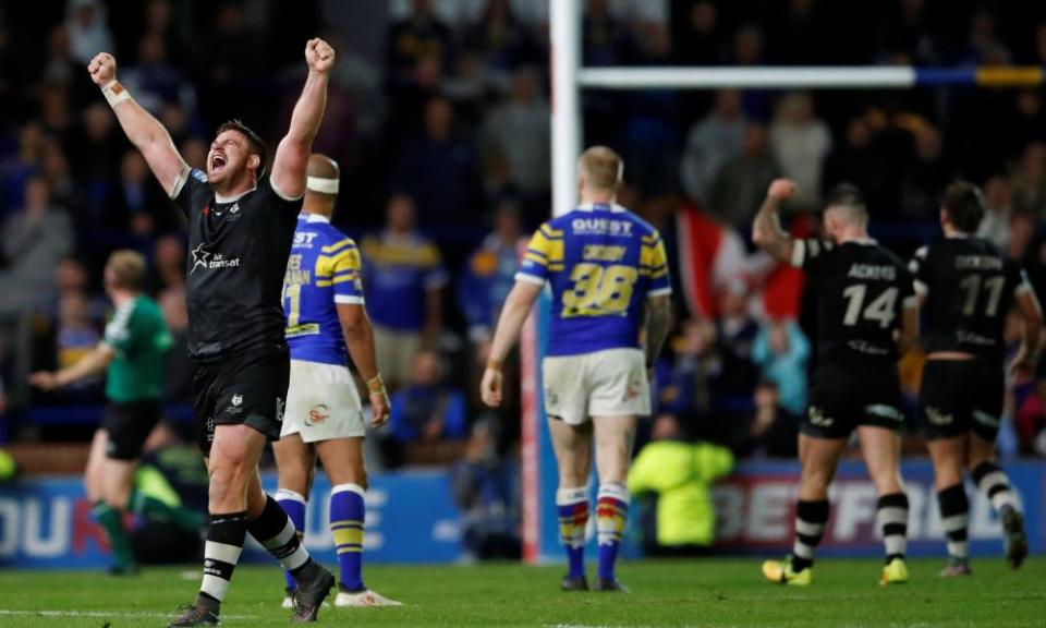 Toronto’s Jacob Emmitt celebrates the victory over Leeds at Headingley that set up a shot at a Super League place in the Million Pound Game