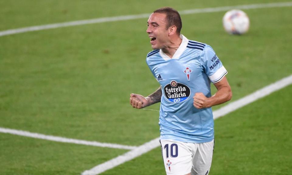 Iago Aspas celebrates after scoring one of his two goals for Celta Vigo against Valencia