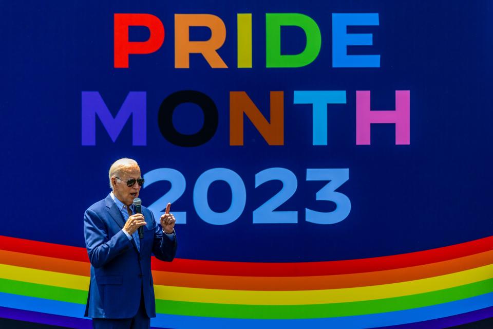 President Joe Biden speaks at a Pride Month celebration on the White House South Lawn in June.