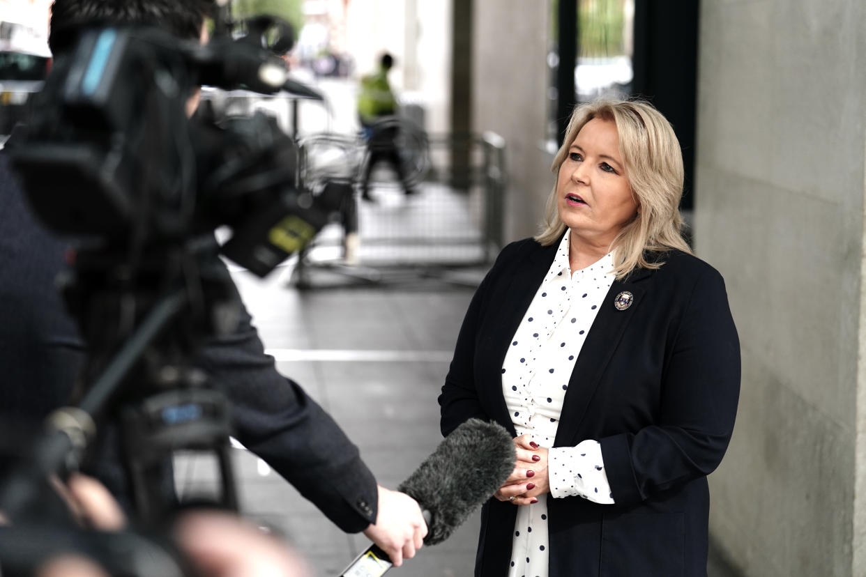 Royal College of Nursing (RCN) leader Pat Cullen speaks to the media outside BBC Broadcasting House in London, following her appearance on the BBC One current affairs programme, Sunday with Laura Kuenssberg. Picture date: Sunday April 16, 2023. (Photo by Jordan Pettitt/PA Images via Getty Images)