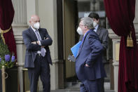 Mikhail Ulyanov, Russia’s ambassador to the IAEA arrives at the Grand Hotel Wien where closed-door nuclear talks with Iran take place, in Vienna, Austria, Thursday, April 15, 2021. (AP Photo/Lisa Leutner)