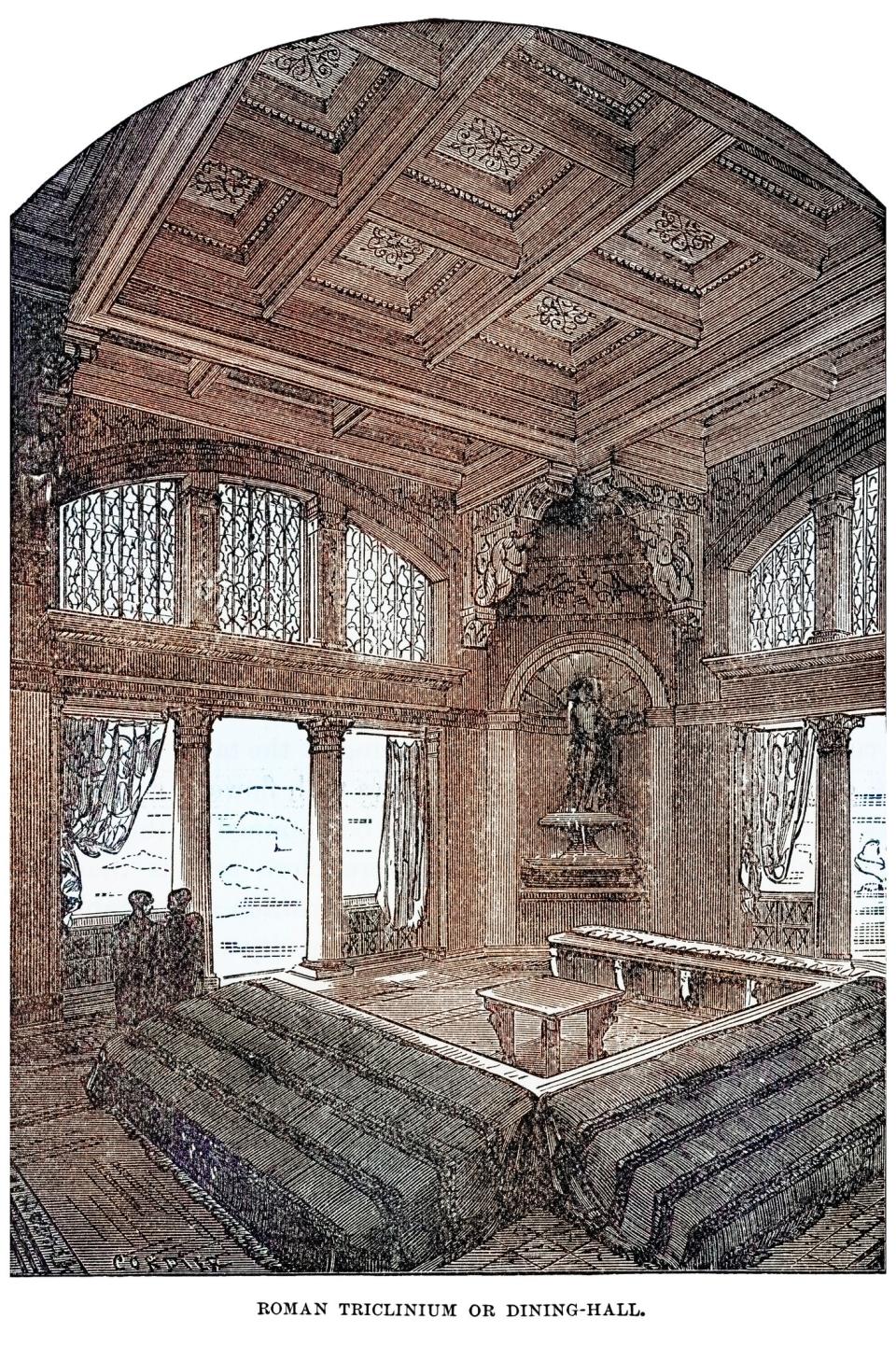 Engraved illustration of the triclinium, a formal Roman dining room, found primarily in the houses and villas of the wealthy members of society.