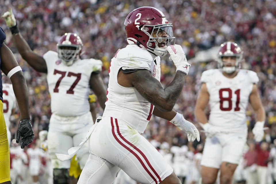 Alabama running back Jase McClellan (2) celebrates his rushing touchdown during the second half in the Rose Bowl CFP NCAA semifinal college football game against Michigan Monday, Jan. 1, 2024, in Pasadena, Calif. (AP Photo/Ryan Sun)