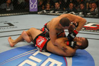 LAS VEGAS, NV - MAY 26: Cain Velasquez (top) elbows Antonio Silva during a heavyweight bout at UFC 146 at MGM Grand Garden Arena on May 26, 2012 in Las Vegas, Nevada.