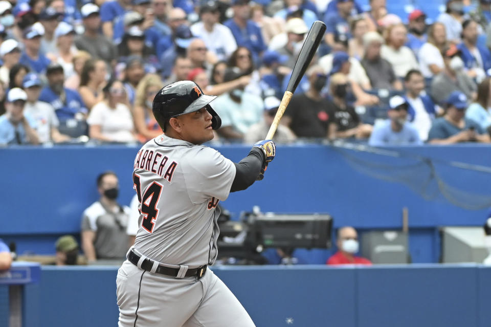 FILE - Detroit Tigers' Miguel Cabrera watches his 500th career home run in the sixth inning against the Toronto Blue Jays during a baseball game in Toronto, Aug. 22, 2021. Miguel Cabrera, one of the greatest hitters of all time, is retiring after the Tigers wrap up their season Sunday, Oct. 1, 2023, and baseball’s last Triple Crown winner is leaving a lasting legacy in the game and his native Venezuela. (Jon Blacker/The Canadian Press via AP, File)