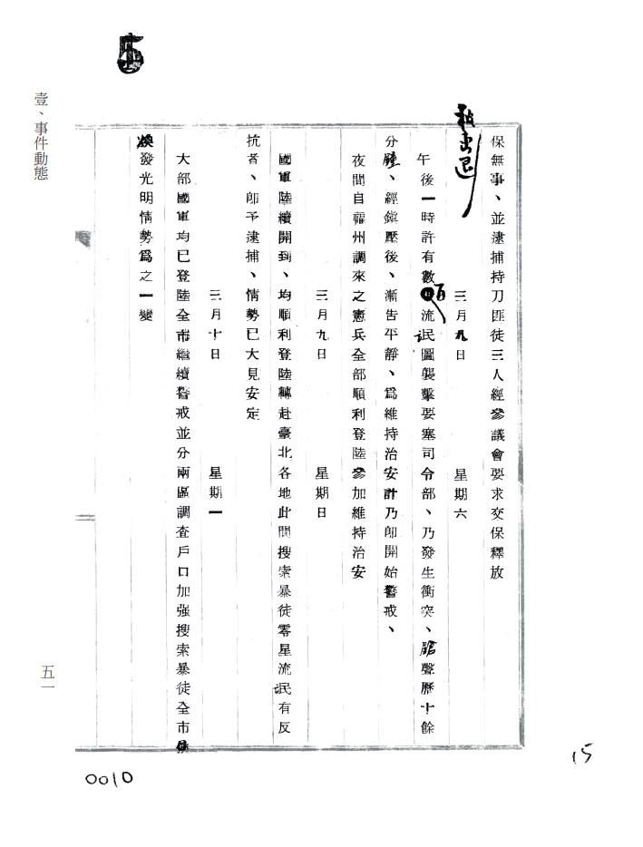 基隆市二二八事件經過情形報告書「三月八、九、十日條」。   圖：國史館提供