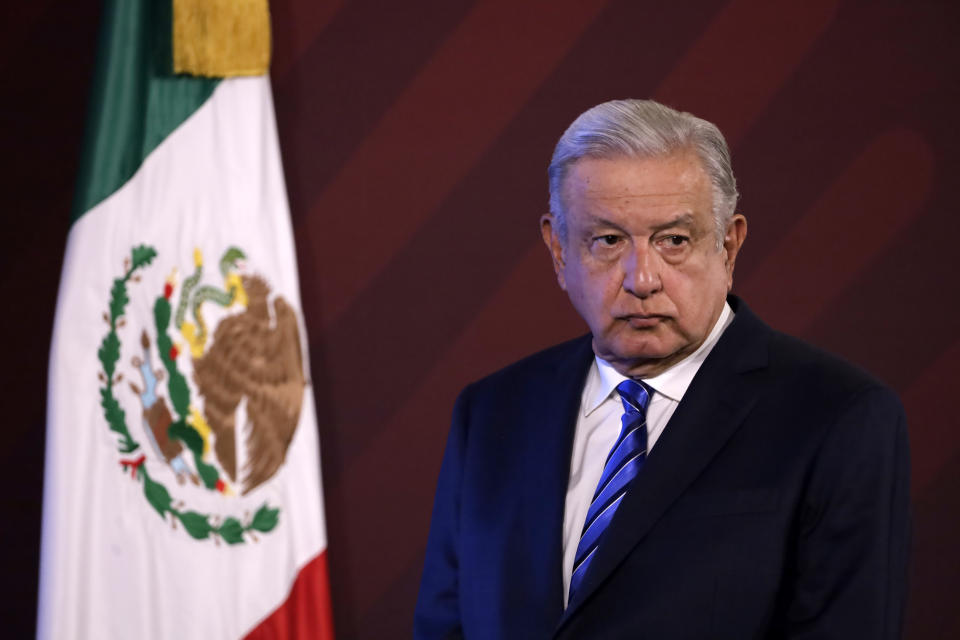 February 20, 2023, Mexico City, Mexico: Mexican President Andres Manuel Lopez Obrador at the daily morning press conference at the National Palace in Mexico City on February 20, 2023 in Mexico City, Mexico (Photo by Luis Barron / Eyepix Group). (Photo credit should read <author/> / Eyepix Group/Future Publishing via Getty Images)