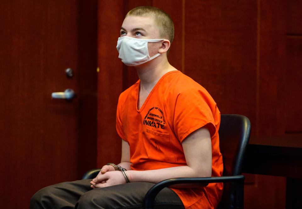 Aiden Fucci sits before appearing at a pretrial hearing before Circuit Judge Lee Smith in the St. Johns County courthouse in St. Augustine on Thursday, Oct. 28, 2021. Fucci, 14, is accused of killing 13-year-old Tristyn Bailey in May 2021.