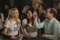 This image released by Netflix shows Iliza Shlesinger, from left, Margaret Cho and Ryan Hansen in a scene from "Good On Paper." (Alex Lombardi/Netflix via AP)