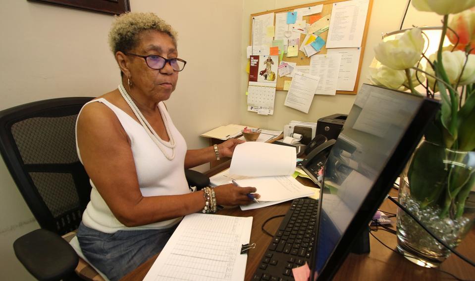 Social worker Beverly Murdock works in her office at the Salvation Army in Shelby Thursday afternoon, August 3, 2023.