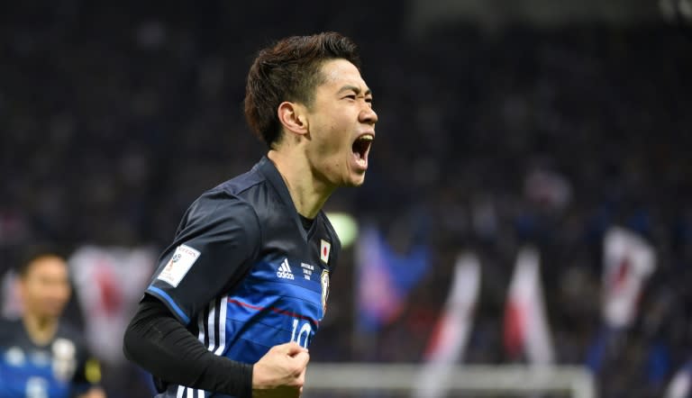 Japan’s Shinji Kagawa celebrates scoring against Thailand in a World Cup qualifier in Saitama on March 28, 2017