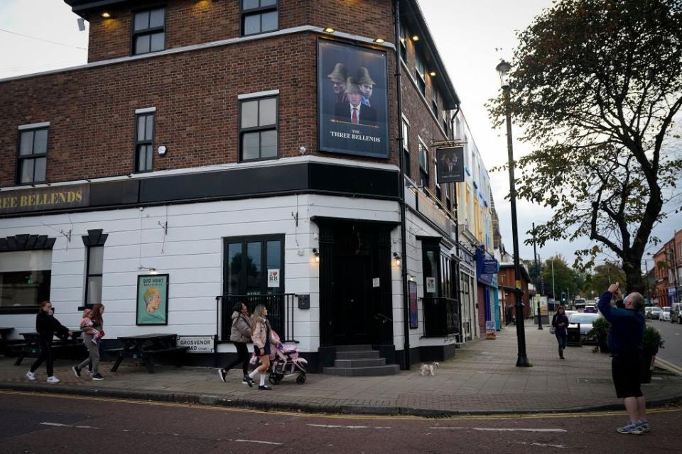 Johnson, Hancock and Cummings are pictured on a sign outside the James Atherton Pub in New Brighton, which has been re-named The Three BellendsGetty