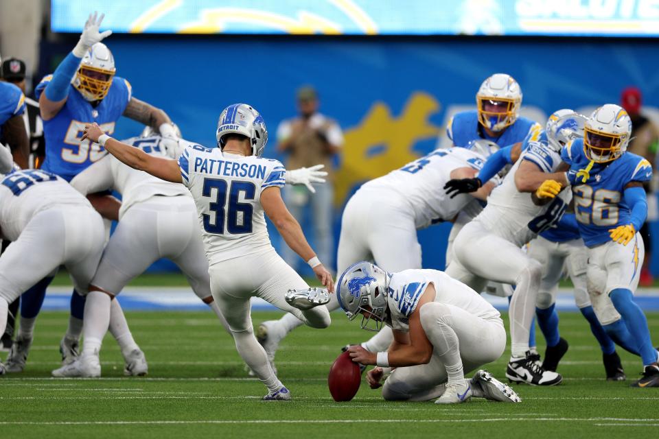 Riley Patterson of the Detroit Lions kicks a game-winning field goal during the fourth quarter against the Los Angeles Chargers at SoFi Stadium on November 12, 2023 in Inglewood, California.