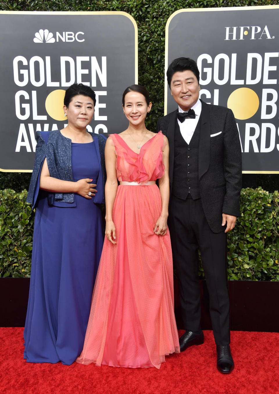 BEVERLY HILLS, CALIFORNIA - JANUARY 05: (L-R) Lee Jeong-eun, Cho Yeo-jeong, and Song Kang-ho attend the 77th Annual Golden Globe Awards at The Beverly Hilton Hotel on January 05, 2020 in Beverly Hills, California. (Photo by Frazer Harrison/Getty Images)