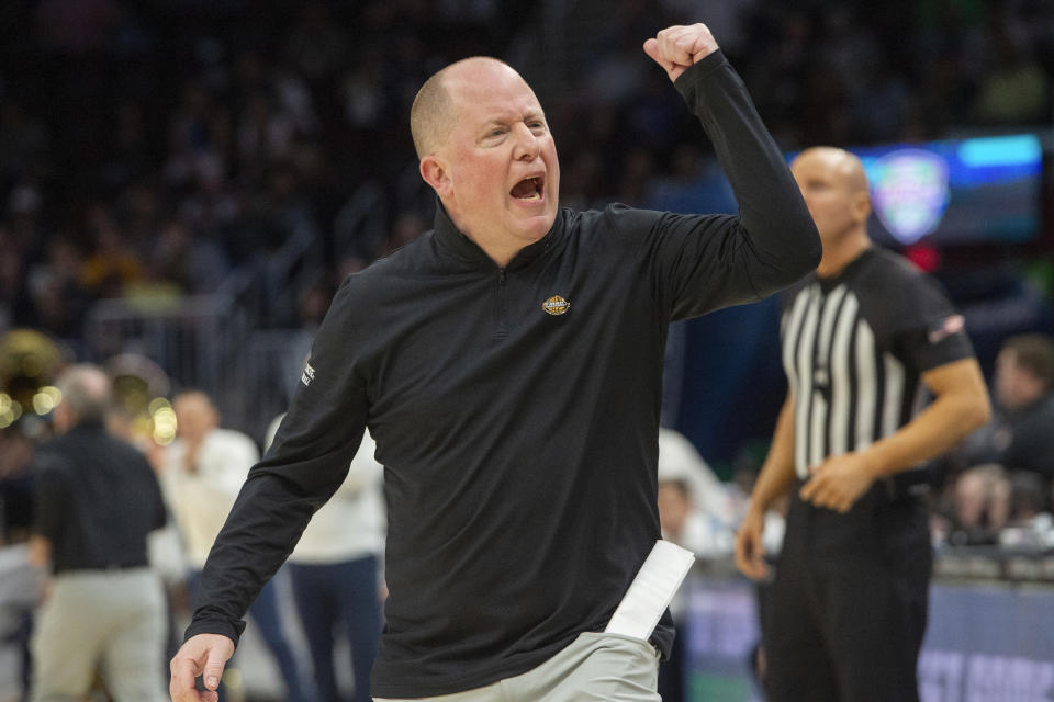 Kent State head coach Rob Senderoff reacts after a referee's call during the second half of an NCAA college basketball game against Akron in the championship of the Mid-American Conference tournament Saturday, March 16, 2024, in Cleveland. (AP Photo/Phil Long)