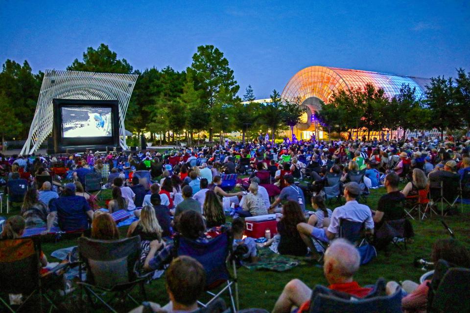 The premiere of the documentary, "Mr. Thunder," a journal from the last two weeks of Thunder player Nick Collison's career of 15 years entirely with the Thunder organization, is shown June 9, 2018, at the Myriad Botanical Gardens as part of deadCenter in downtown Oklahoma City.