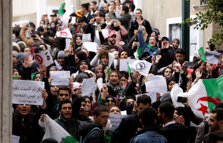 Students protest inside university campus against President Abdelaziz Bouteflika's plan to extend his 20-year rule by seeking a fifth term in Algiers, Algeria February 26, 2019. REUTERS/Ramzi Boudina